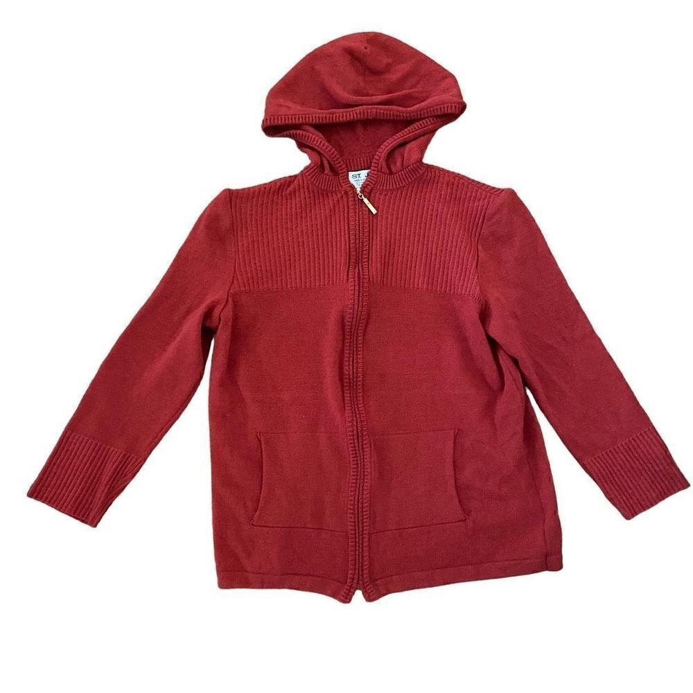 St. John Sport Zip Front Sweater Jacket Hooded Brick Red 3/4 Sleeves Medium